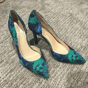 Jessica Simpson blue green fabric heels 9.5